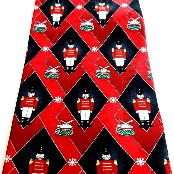 Yule Tie Greetings Hallmark Nutcracker Jacquard Print Red Black Wide Silk Tie‎ - Picture 3 of 7